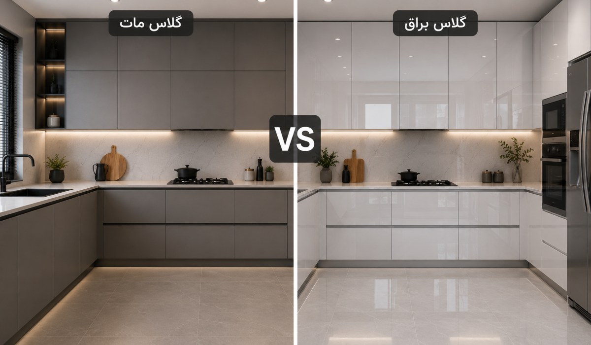 مزایا و معایب کابینت های گلاس مات تا بتنی 2 مقایسه کابینت هایگلاس براق و مات در طراحی آشپزخانه مدرن