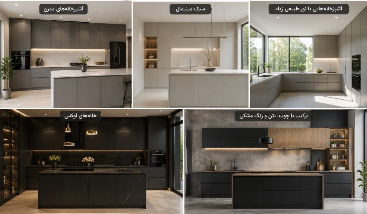 مزایا و معایب کابینت های گلاس مات تا بتنی 7 انواع سبکهای طراحی آشپزخانه مدرن، مینیمال و لوکس با ترکیب متریال چوب، بتن و نورپردازی طبیعی