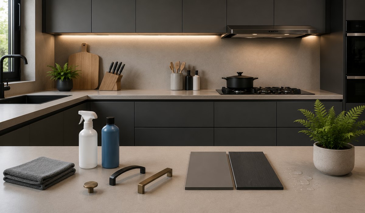 مزایا و معایب کابینت های گلاس مات تا بتنی 8 انتخاب دستگیره و متریال برای کابینت مدرن طوسی تیره در طراحی دکوراسیون آشپزخانه