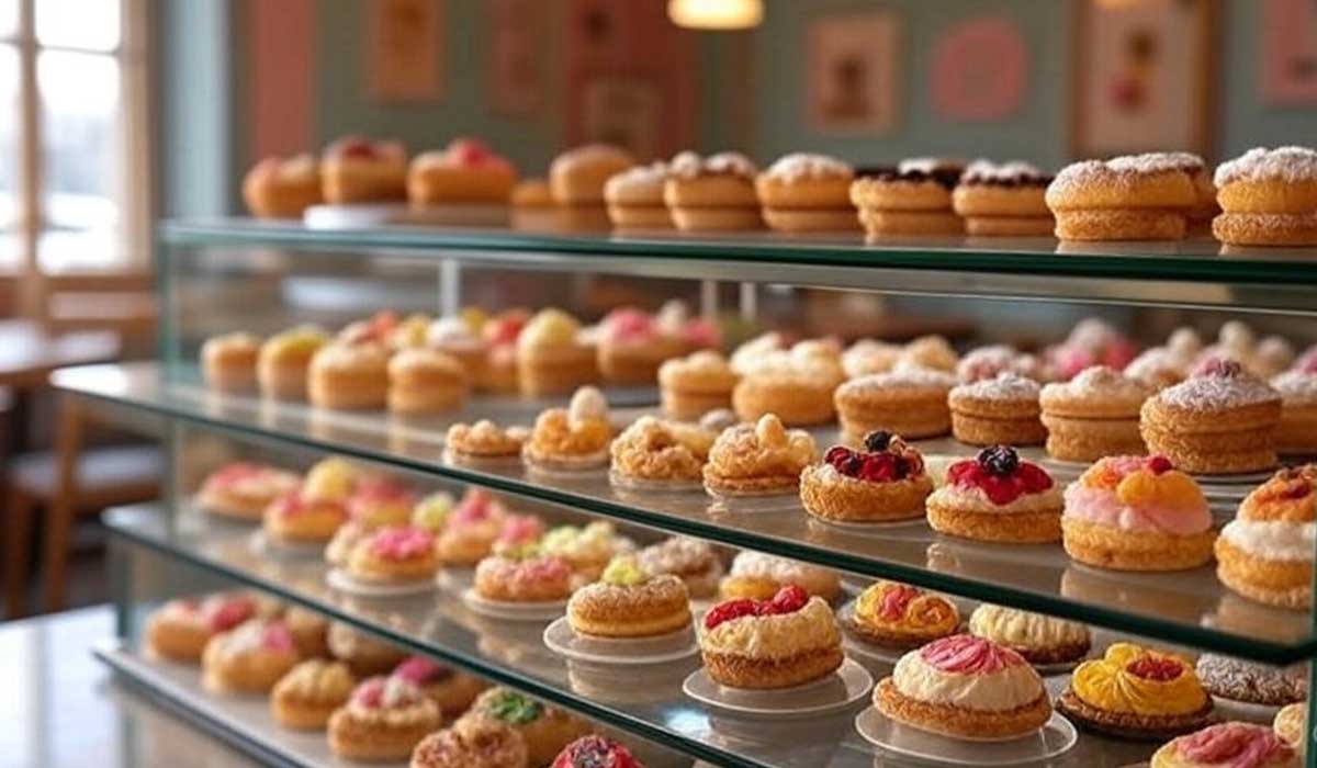 طراحی داخلی مدرن قنادی با ویترین شیرینی‌های رنگارنگ و چیدمان خلاقانه