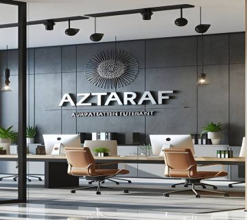 دکوراسیون مدرن دفتر املاک با طراحی مینیمال، میز کار حرفه‌ای، نورپردازی خطی و ترکیب رنگ خنثی برای جذب مشتری