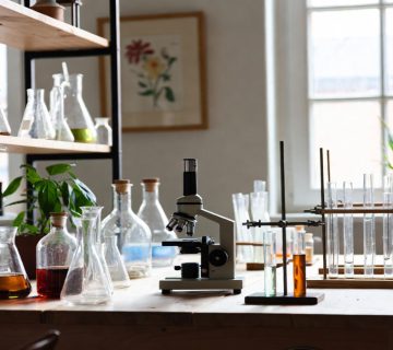 آزمایشگاه با میز کار چوبی، میکروسکوپ نوری حرفه‌ای، ظروف شیشه‌ای آزمایشگاهی و قفسه‌بندی صنعتی