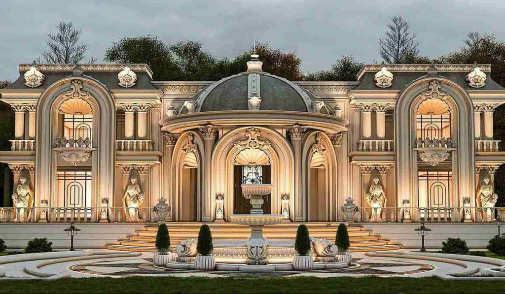عمارت سفید رنگ با نورپردازی زیبا