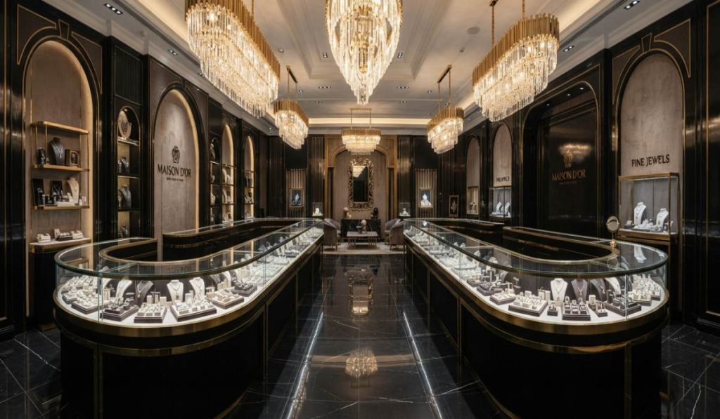 نمای داخلی جواهرفروشی لوکس Maison d’Or با ویترین‌های شیشه‌ای پر از جواهرات، لوسترهای کریستالی طلایی و کف مرمر مشکی براق