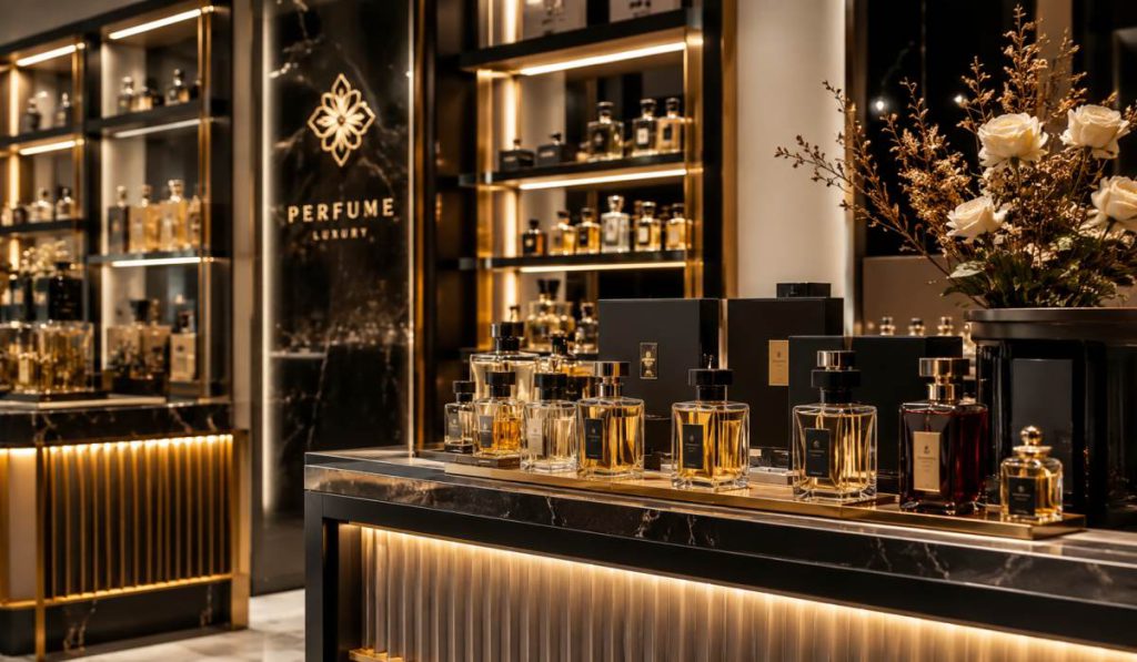 فروشگاه عطر لوکس با دکور مشکی طلایی