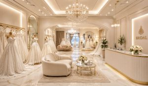 سالن مجلل عروس با لباسهای سفید نفیس، دکوراسیون لوکس و میز پذیرش شیک