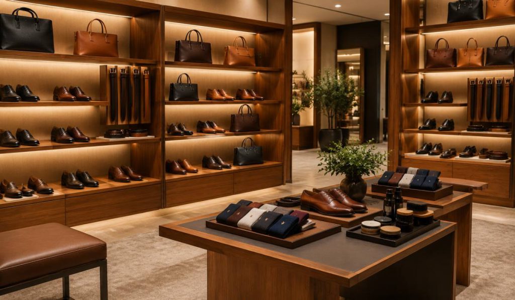 دکور چوبی مدرن بوتیک چرم مردانه با استندهای نمایش کفش و کیف چرم